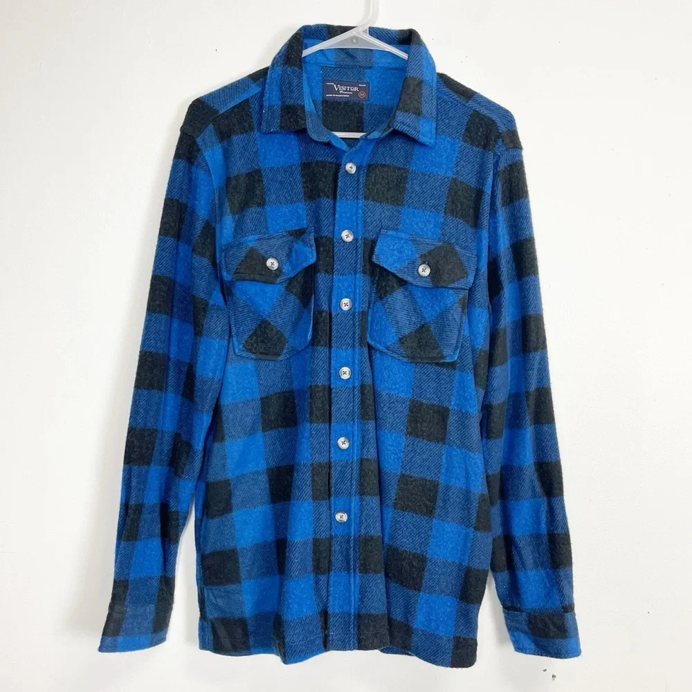 NEW Visitor Fleece Button Down Shirt Medium Blue Black Plaid Soft Shacket NWOT